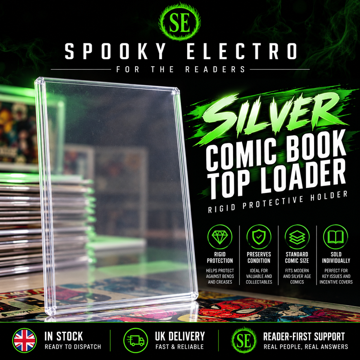 Single Silver Comic Book Top Loader – Rigid Protective Holder | Spooky Electro (Released)