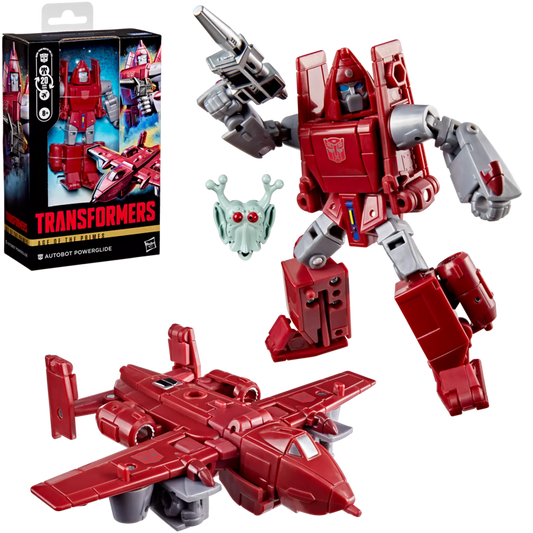 Red and gray Transformers toy with packaging in the background
